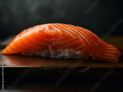one piece of nigiri sushi with a slice of salmon - created with generative AI technology