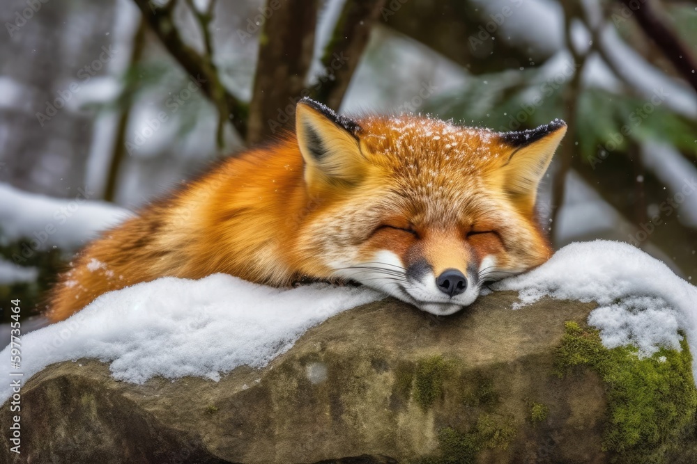 red fox taking a nap on a snowy rock. Generative AI red fox taking a nap on a snowy rock. Generative AI