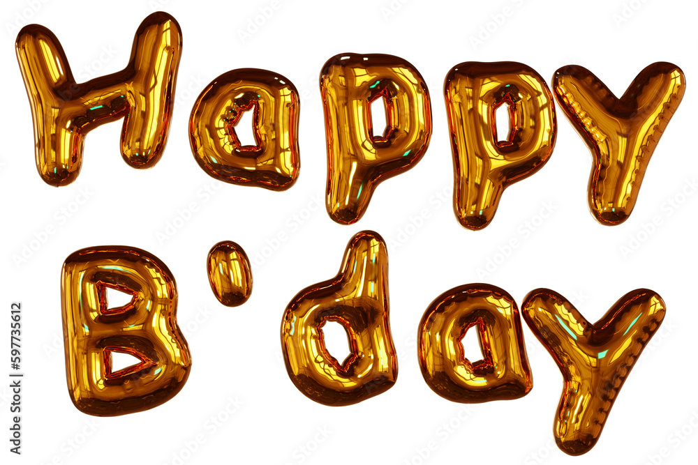 3D Render Happy Birthday Illustration Gold Balloon Text 3D Render Happy Birthday Illustration Gold Balloon Text