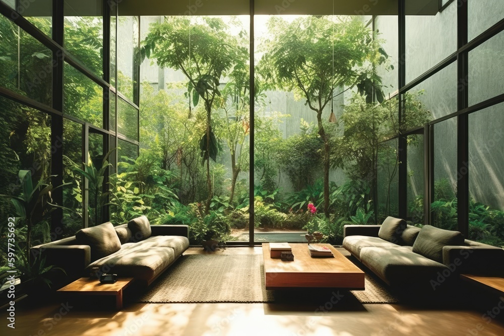 cozy living room with abundant greenery. Generative AI
