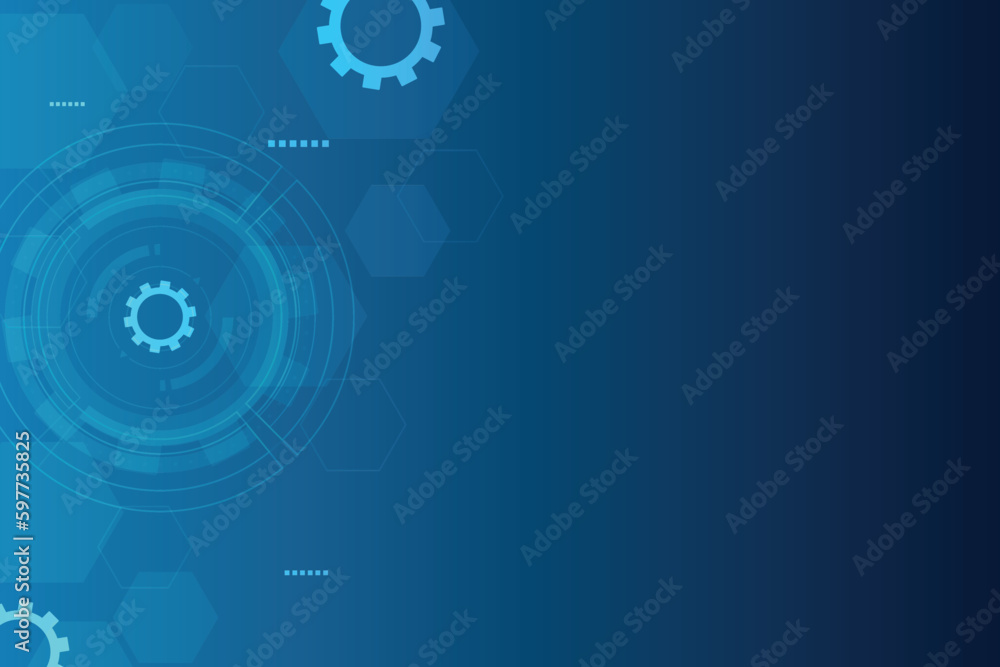 Blue gear technology background with line of circle template. Blueprint background with hexagonal and particle element. Negative and blank space style.