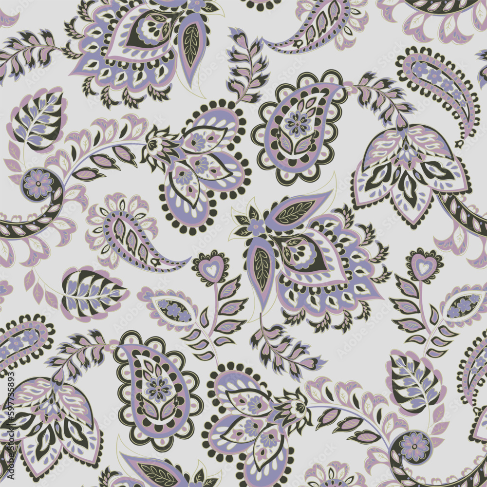 Colorful Paisley wallpaper. Vector Indonesian batik. Bright classic indian fabric. Paisley wallpaper. Ethnic background with paisley and stylized flowers. For textile, cover, wrapping paper, fabric
