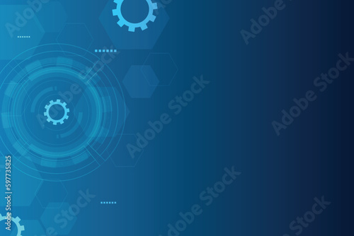 Blue gear technology background with line of circle template. Blueprint background with hexagonal and particle element. Negative and blank space style.
