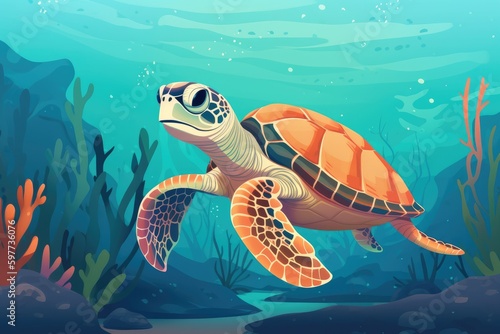 Turtle swimming in the oceon, world turtle day or world ocean day banner, with room for text created with generative ai © annne