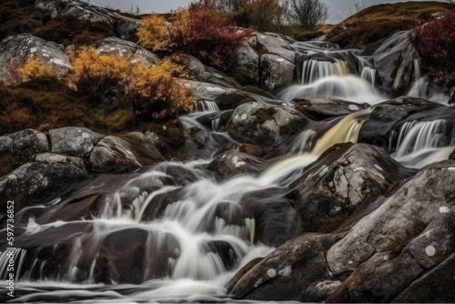 serene waterfall flowing through a rocky landscape. Generative AI
