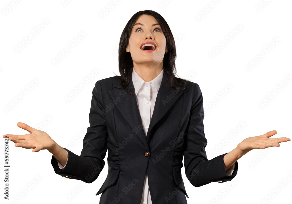 young woman with hands spreading out