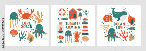 Set of funny fancy design of childish banners  cards with sea  ocean animal  octopus  beach house  lighthouse  fish  whale  crab. Cute vector templates with cartoon simple illustrations with text.