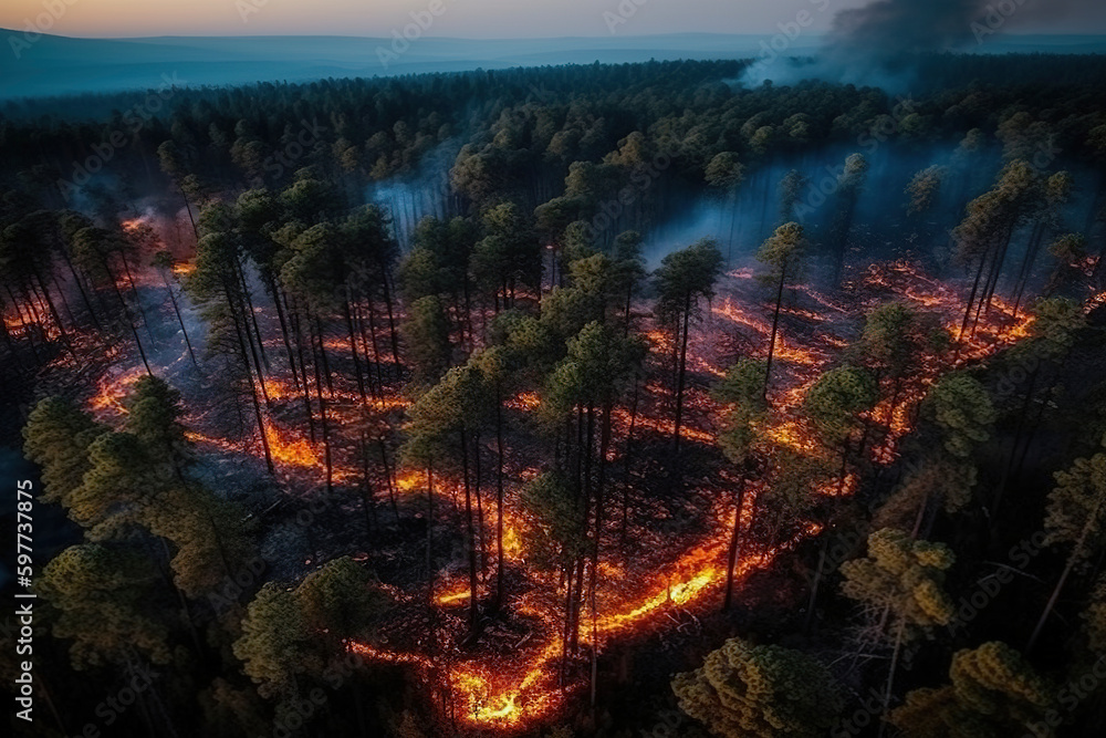 a strong fire with smoke in a pine forest. aerial view. Generative AI