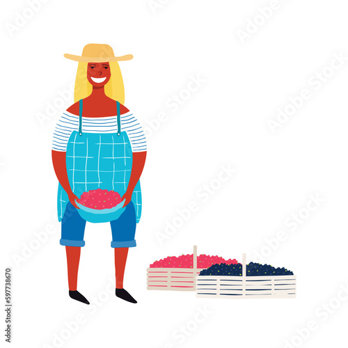 Woman picking berries cartoon character illustration. Hand drawn style flat design, isolated vector. Summer, autumn print element, farming, gardening, harvest festival, harvest gathering