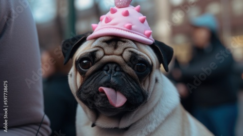 Adorable pug dog wearing a pink strawberry cupcake hat with cute derpy tongue, funny and cute, relaxing on a busy city street, bokeh background - generative AI