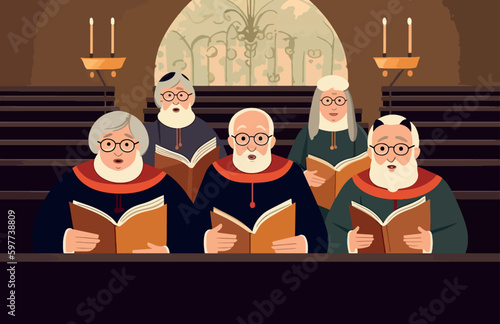 Seniors with books harmonize in the church choir. Old seniors with textbooks perform on stage. Music, lecture. Vector graphic