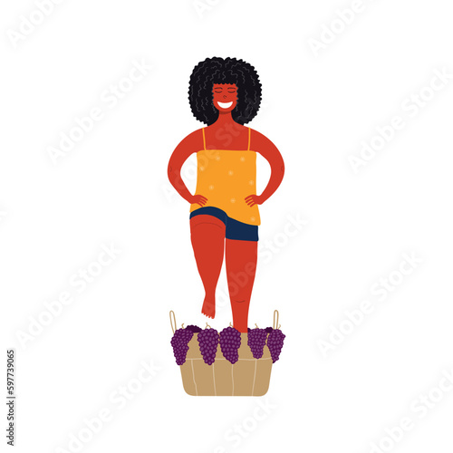 Woman stomping grapes cartoon character illustration. Hand drawn style flat design, isolated vector. Summer, autumn print element, farming, gardening, harvest festival, wine making, vineyard