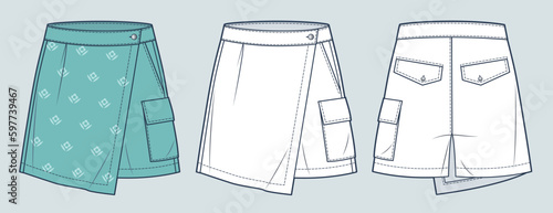   Short Pants technical fashion illustration. Skirt and Shorts fashion flat tecknical drawing template, front, back view, white, green, women CAD mockup set.