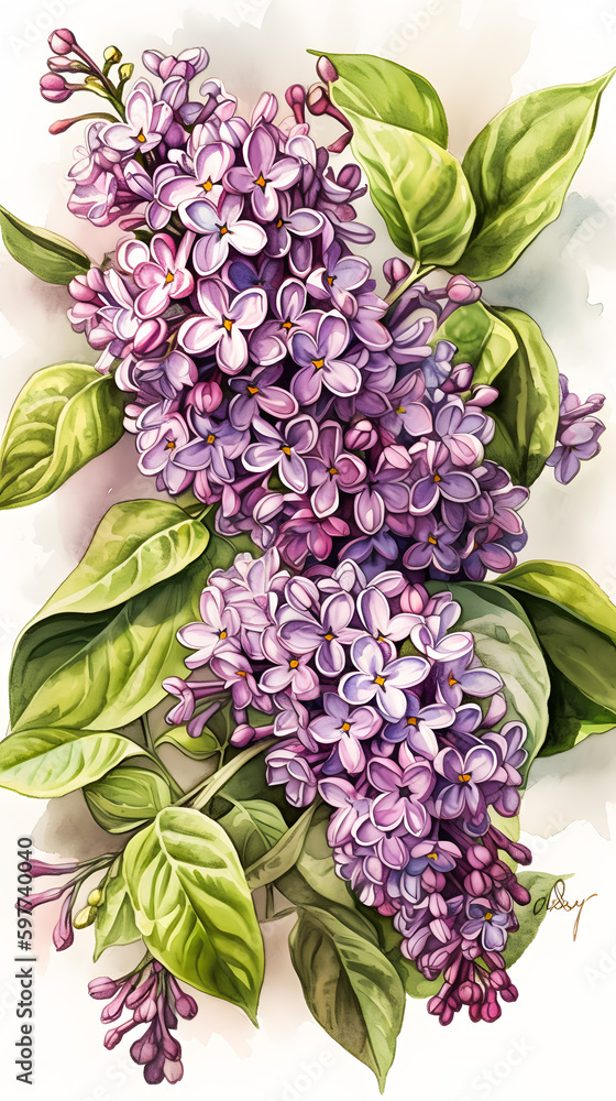 Fototapeta premium Watercolor drawing of beautiful lilac bouquet in retro style. Flower banner for social media stories