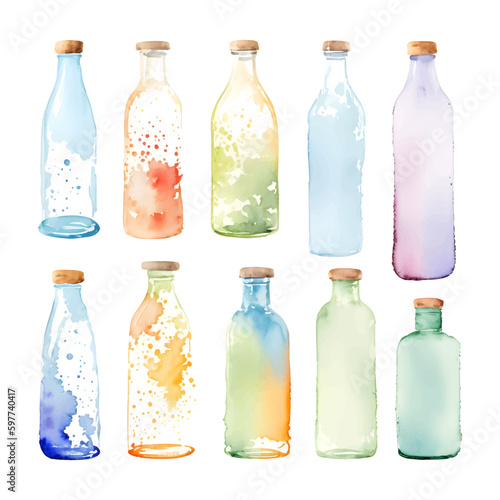 watercolor empty glass bottle Isolated hand drawn painting vector illustration