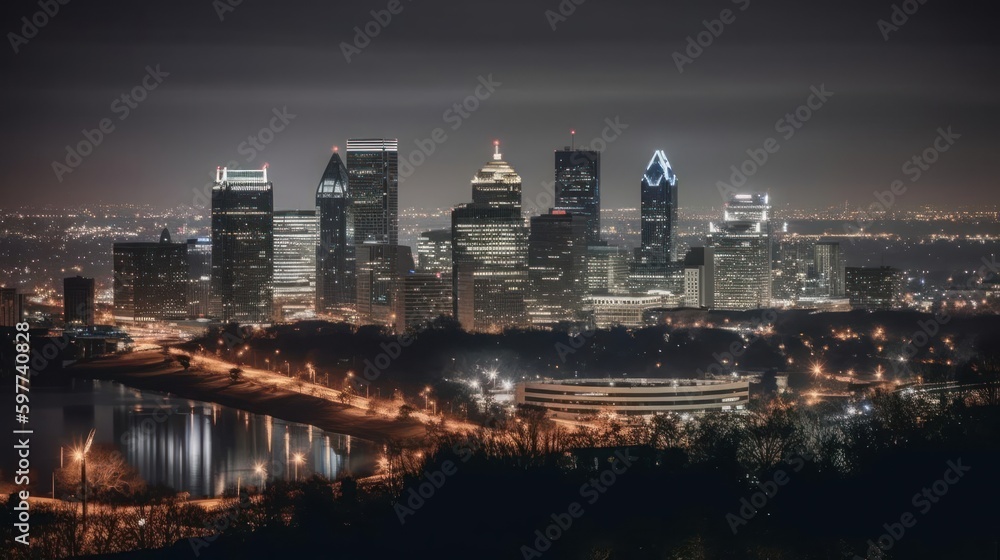 Fototapeta premium A breathtaking view of a city skyline at night created with Generative AI
