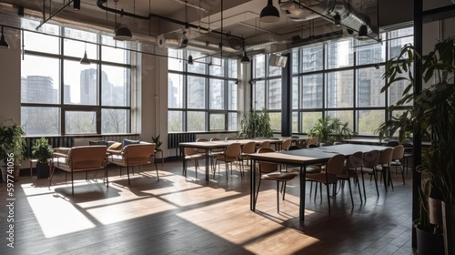 A bright and airy co-working space with floor-to-ceiling windows that let in plenty of natural light created with Generative AI