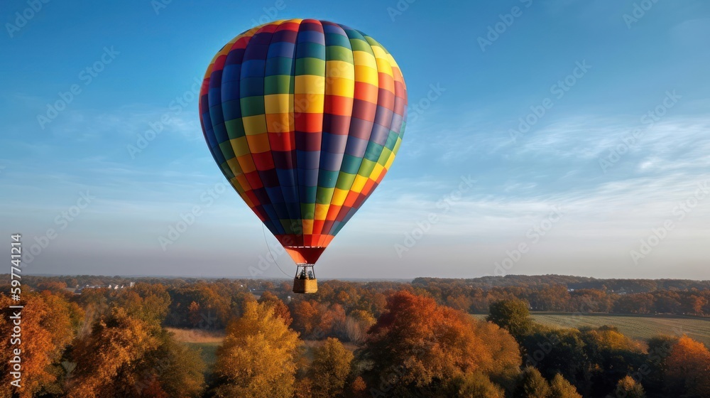 Fototapeta premium A brightly colored hot air balloon floating in the sky created with Generative AI