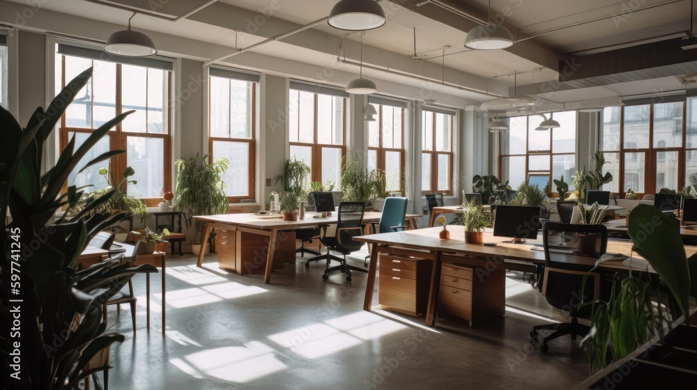 A brightly-lit coworking space with sleek, modern furniture and plenty of natural light created with Generative AI