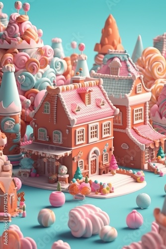 Fantasy village or town made of sweets, ice-cream, marshmallow, cookies, candies, lollypops, cakes, cupcakes, street view. Colorful sweet world with houses and buildings.
