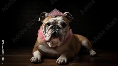 A bulldog with a pink tutu and tiara posing for the camera created with Generative AI © Markus