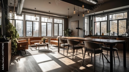 A brightly-lit coworking space with sleek  modern furniture and plenty of natural light created with Generative AI