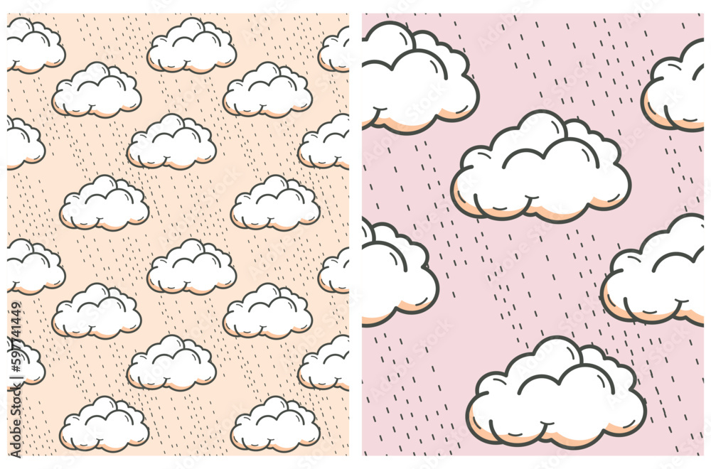 Pop Art Style Seamless Vector Patterns with White Fluffy Clouds. Hand Drawn Comic Clouds and Drops of Rain isolated on a Cream and Pastel Pink Background.Cute Cloudy Repeatable Print ideal for Fabric. Pop Art Style Seamless Vector Patterns with White Fluffy Clouds. Hand Drawn Comic Clouds and Drops of Rain isolated on a Cream and Pastel Pink Background.Cute Cloudy Repeatable Print ideal for Fabric.