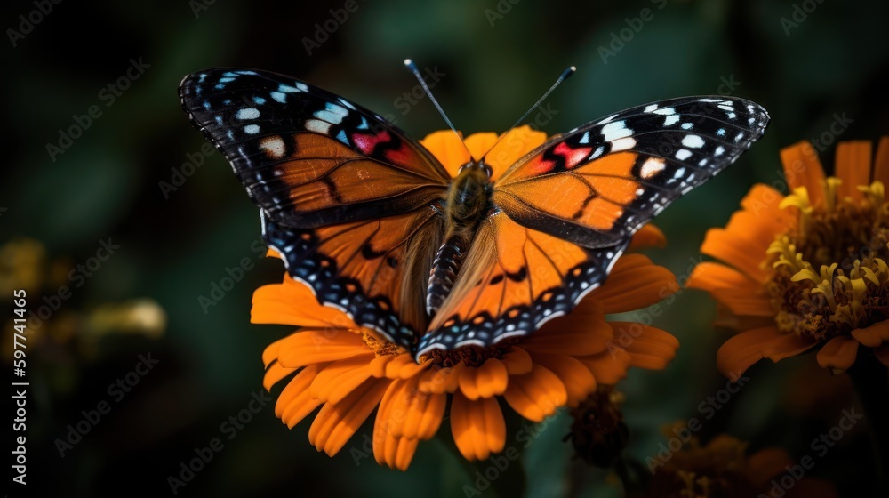 Fototapeta premium A butterfly fluttering its wings on a colorful flower created with Generative AI