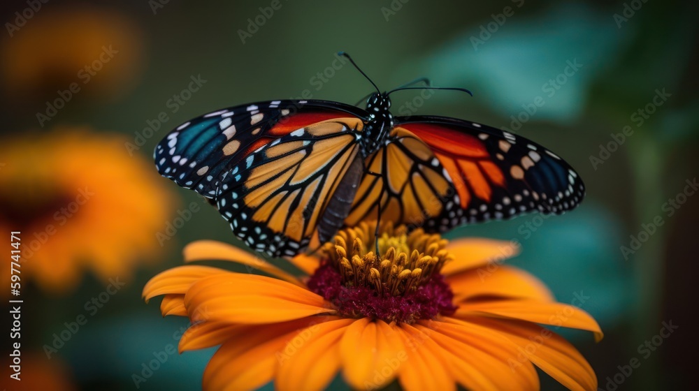 A butterfly fluttering its wings on a colorful flower created with Generative AI A butterfly fluttering its wings on a colorful flower created with Generative AI