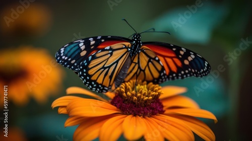 A butterfly fluttering its wings on a colorful flower created with Generative AI © Markus