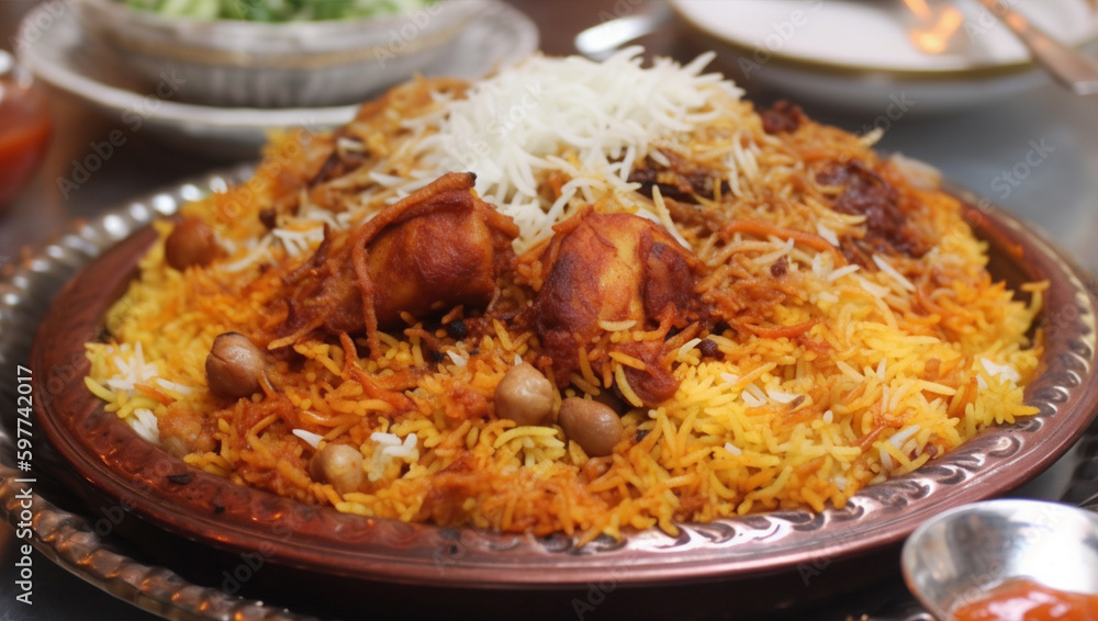 A plate of biryani with a bunch of food on it , Generative AI A plate of biryani with a bunch of food on it , Generative AI