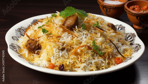 A plate of biryani with a bunch of food on it , Generative AI