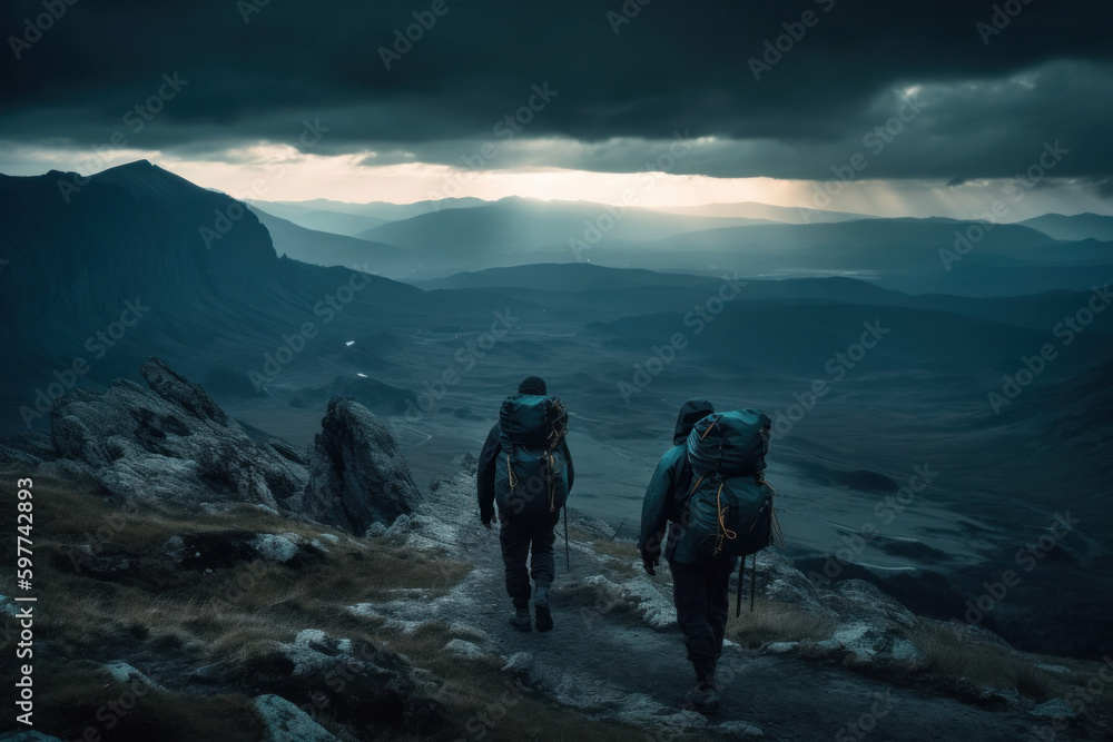 zwei Wanderer mit Rucksack in den Bergen