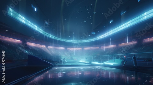 Huge Futuristic stadium. Future sport. Blue glowing neon lights. A fantastic arena for the sporting events of the future. Cyberpunk wallpaper. Generative AI illustration. © Valeriy