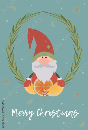 New Year's card with a gnome and fruits in a Christmas tree wreath