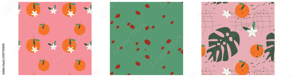 Modern exotic design for paper, cover, fabric, interior decor and other users. Collage modern orange floral and polka dots seamless pattern. pattern with flowers Modern exotic design for paper, cover, fabric, interior decor and other users. Collage modern orange floral and polka dots seamless pattern. pattern with flowers