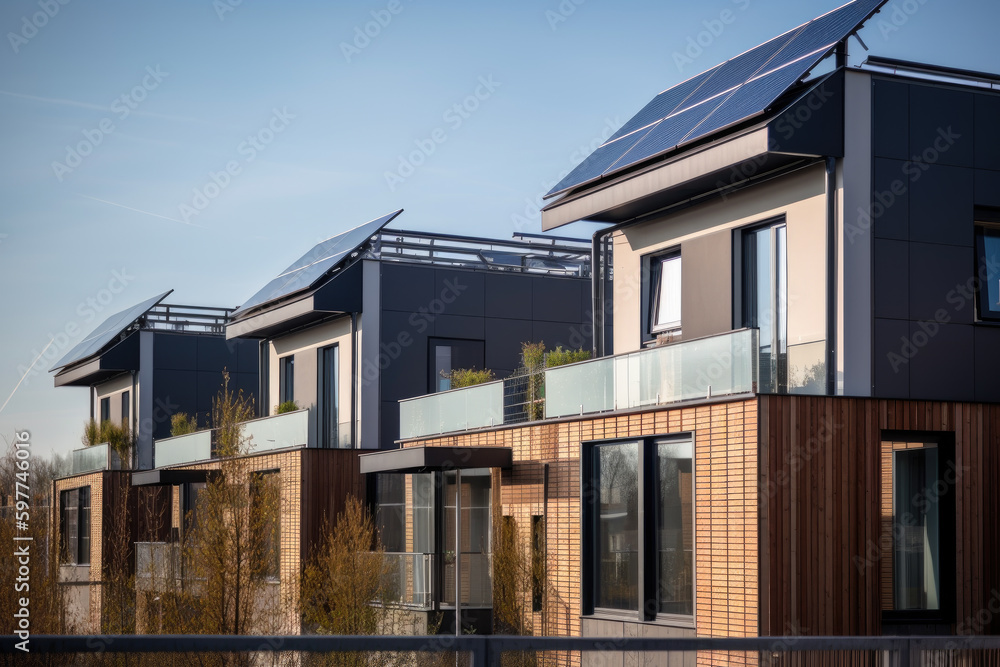 Row of country houses with balcony and solar panels on the roof, created with Generative AI