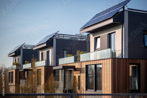 Row of country houses with balcony and solar panels on the roof, created with Generative AI © sommersby