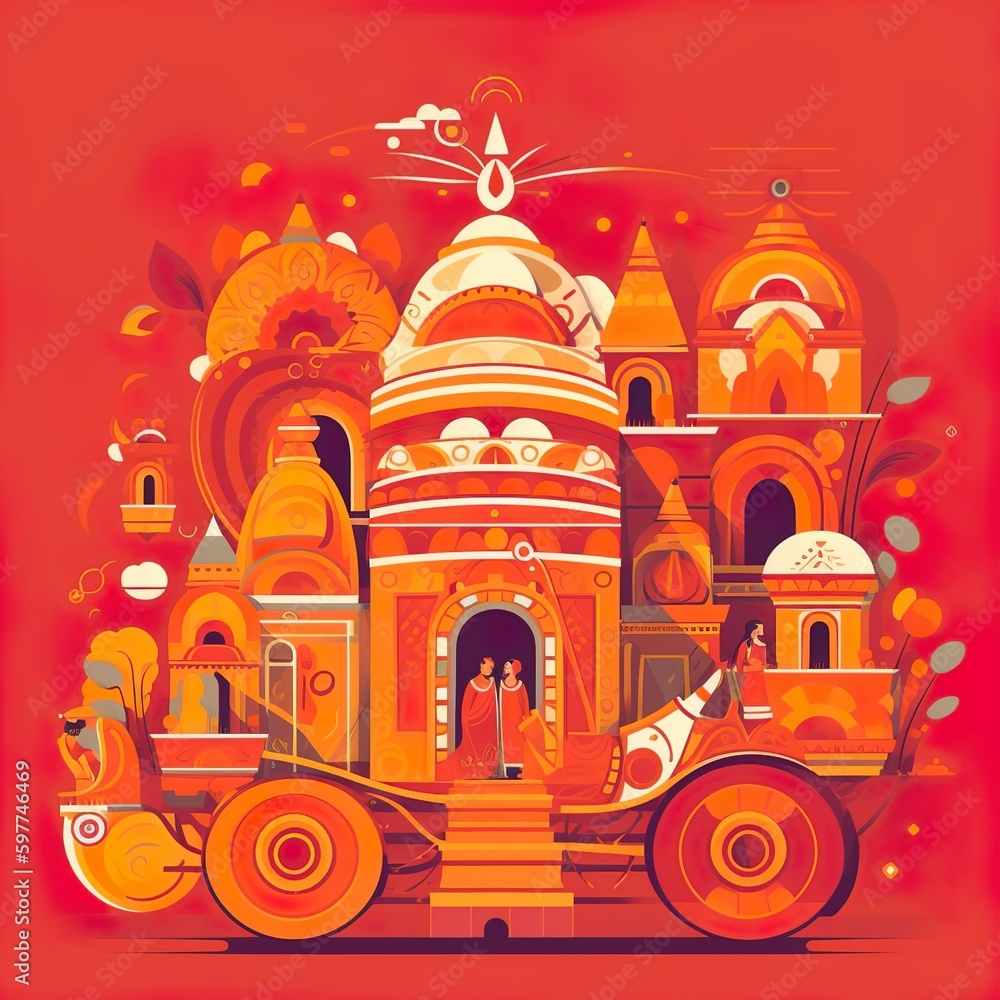 Vector jagannath rath yatra on hindu temple holiday card background-Generative AI