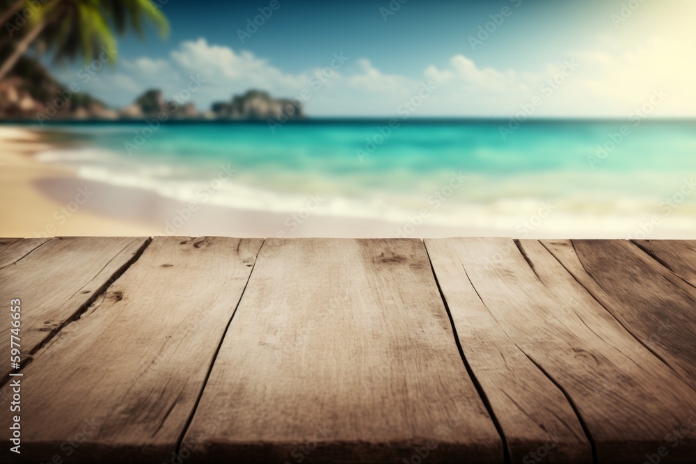 Table on a beach with a blurred background, inviting you to relax and enjoy the scenery. A perfect spot for a vacation getaway. Generative AI.