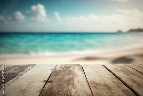 Table on a beach with a blurred background, inviting you to relax and enjoy the scenery. A perfect spot for a vacation getaway. Generative AI.