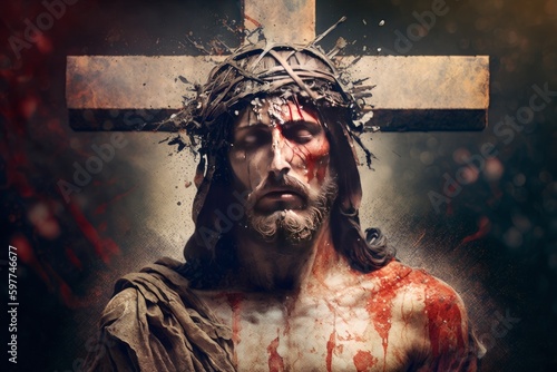 Powerful and poignant image of Jesus Christ on the cross, conveying sacrifice, salvation, and hope Fototapeta