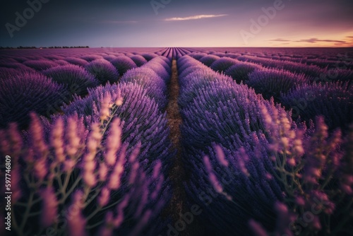 Captivating view of a lavender field at sunset, with hues of purple and pink blending into the sky. A serene and peaceful scene. Generative AI.