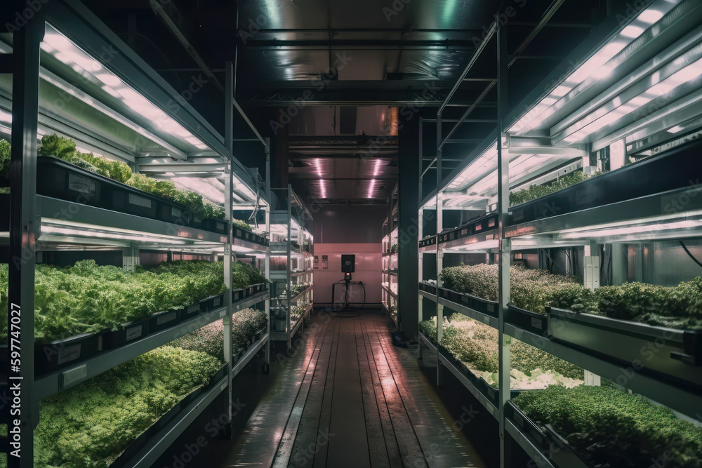 modern greenhouse. microgreens and vegetables grow on shelves, for business. ai generative