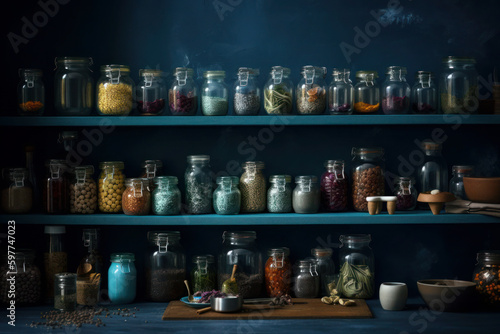 shelf of glass jars on a blue background. texture from containers with spices. ai generative