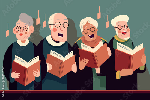 Seniors with books harmonize in the church choir. Old seniors with textbooks perform on stage. Music, Lecture. Vector graphic