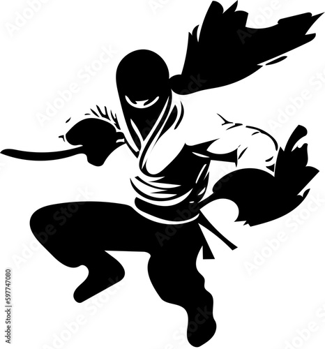 Ninja warrior mascot logo in black and white, vector illustration of a martial artist 