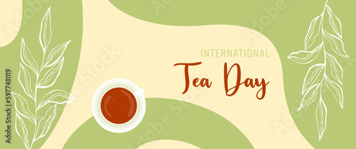 Tea Day green banner in boho style with tea mug , International Tea Day, botanical doodle leaves. Vector illustration