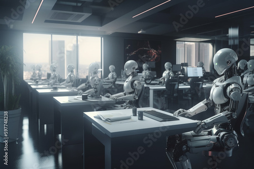 Humanoid robot working in modern smart office, future technology concept 3d rendering, toned image
