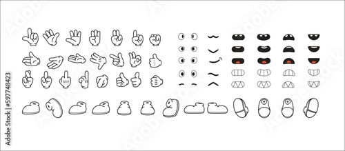 Compilation of eyes, mouth, hand and shoes. Cartoon Character elements.